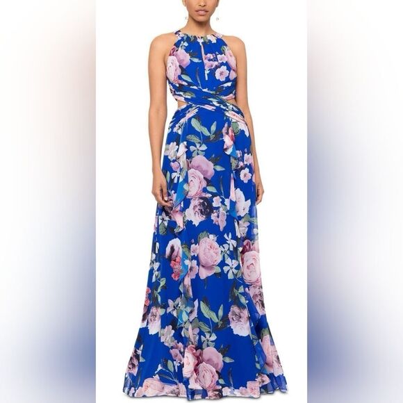 Xscape Chiffon Floral Print Cut-Out Maxi Gown NWT Size 8 - Picture 1 of 6